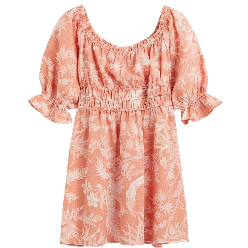 H&M Peach and White Hawaiian Flower Print Mini Dress, Puff Sleeve, Size L, NWOT